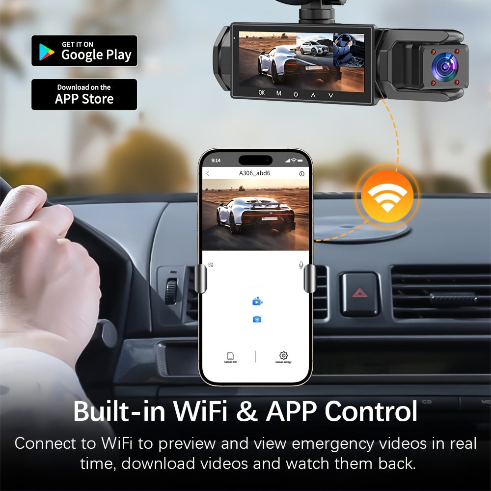 1080P Dash Cam with 3 Cameras Front Built-In Rear Infrared Night Vision 170° Wide-Angle Built-In Audio 32GB Card Connection to Smartphone Loop Recording G-Sensor 24 Parking Monitor