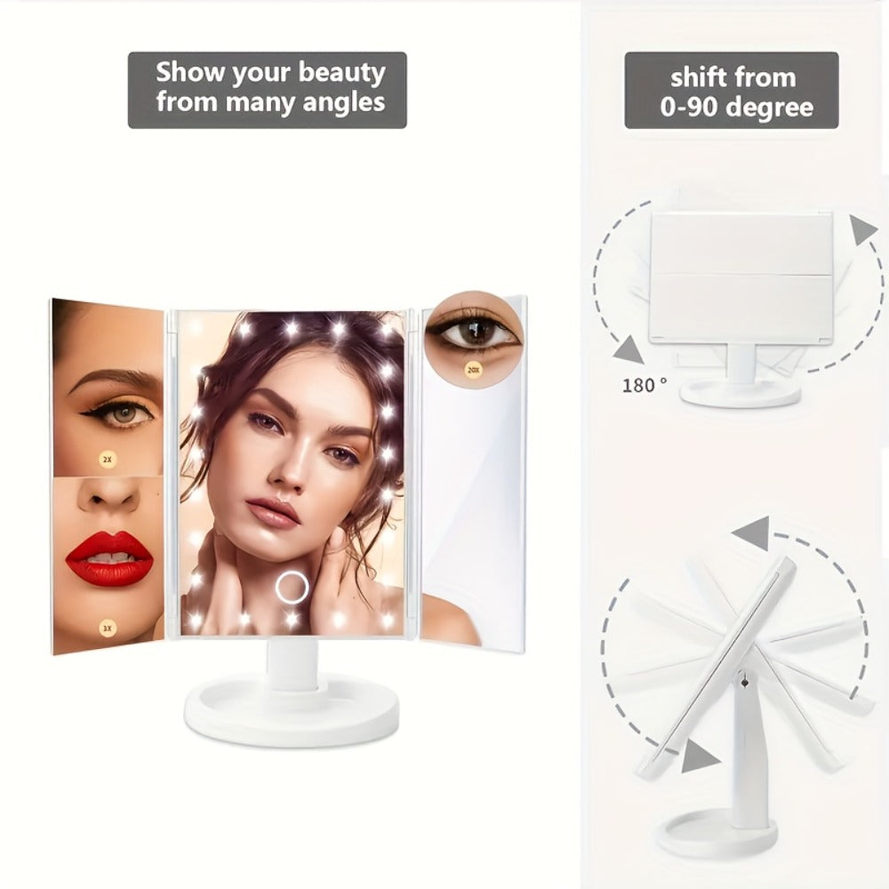 Vanity Mirror with Lights Tri-Fold 21 LED Lighted Makeup Mirror Touch Control 1X 2X 3X 10X Magnification 360 Rotation Dual Power Tabletop Trifold Mirror for Women Gift White Rose Gold