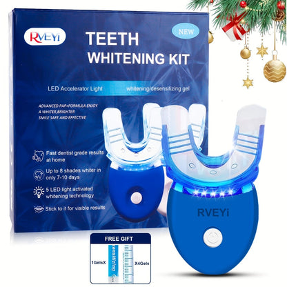 LED Teeth Whitening Kit 5 Whitening Gel Syringes Enamel Safe Professional Home Whitening Light Tray Set Fast Results Gift for Women Men Girlfriend Boyfriend Parents White Blue