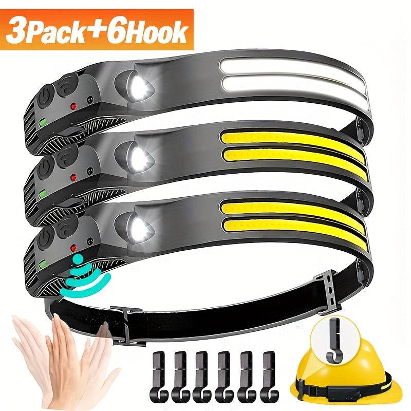 Motion Sensor COB Headlamp 3 Pack + 6 Hooks, 230° Wide Beam Rechargeable LED Head Lamp, 5 Modes COB & LED Headlamps for Adults, Hard Hat Headlight, Headband Flashlight for Camping, Work & Hiking