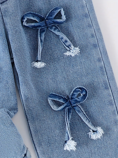 Girls' Denim Outfit Set - Short Sleeve Spring