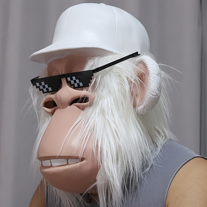 Gorilla Monkey Plush Full Head Mask with White Hair Glasses Hat – Funny Cartoon Animal Costume for Adults Halloween Parties Cosplay Role Play Prank Gift White Gorilla Chimpanzee