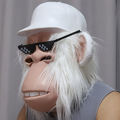 Gorilla Monkey Plush Full Head Mask with White Hair Glasses Hat – Funny Cartoon Animal Costume for Adults Halloween Parties Cosplay Role Play Prank Gift White Gorilla Chimpanzee