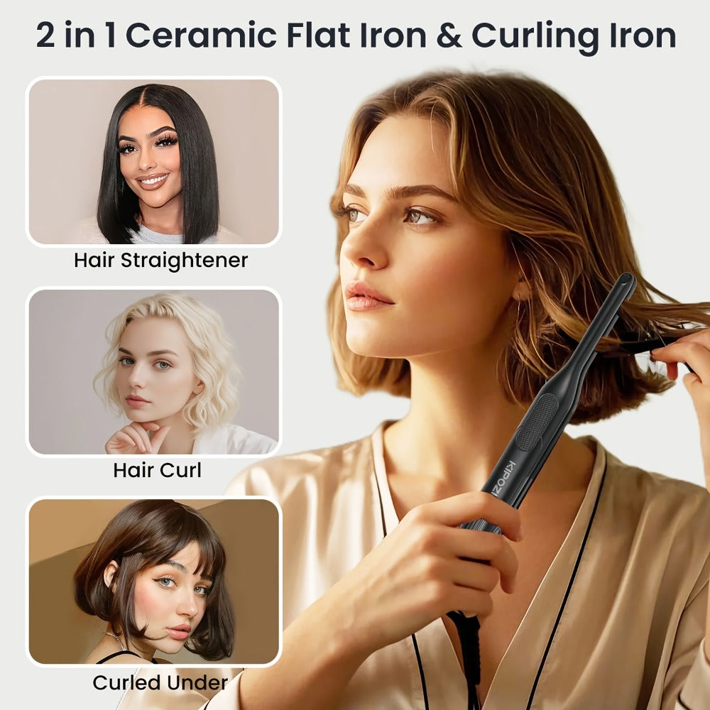 Mini 0.3 Inch Hair Straightener 2-in-1 Curler Titanium Plates 5 Heat Settings 450°F Dual Voltage Beard Bangs Short Hair Styling Tool Unisex for Men Women Valentine Gift