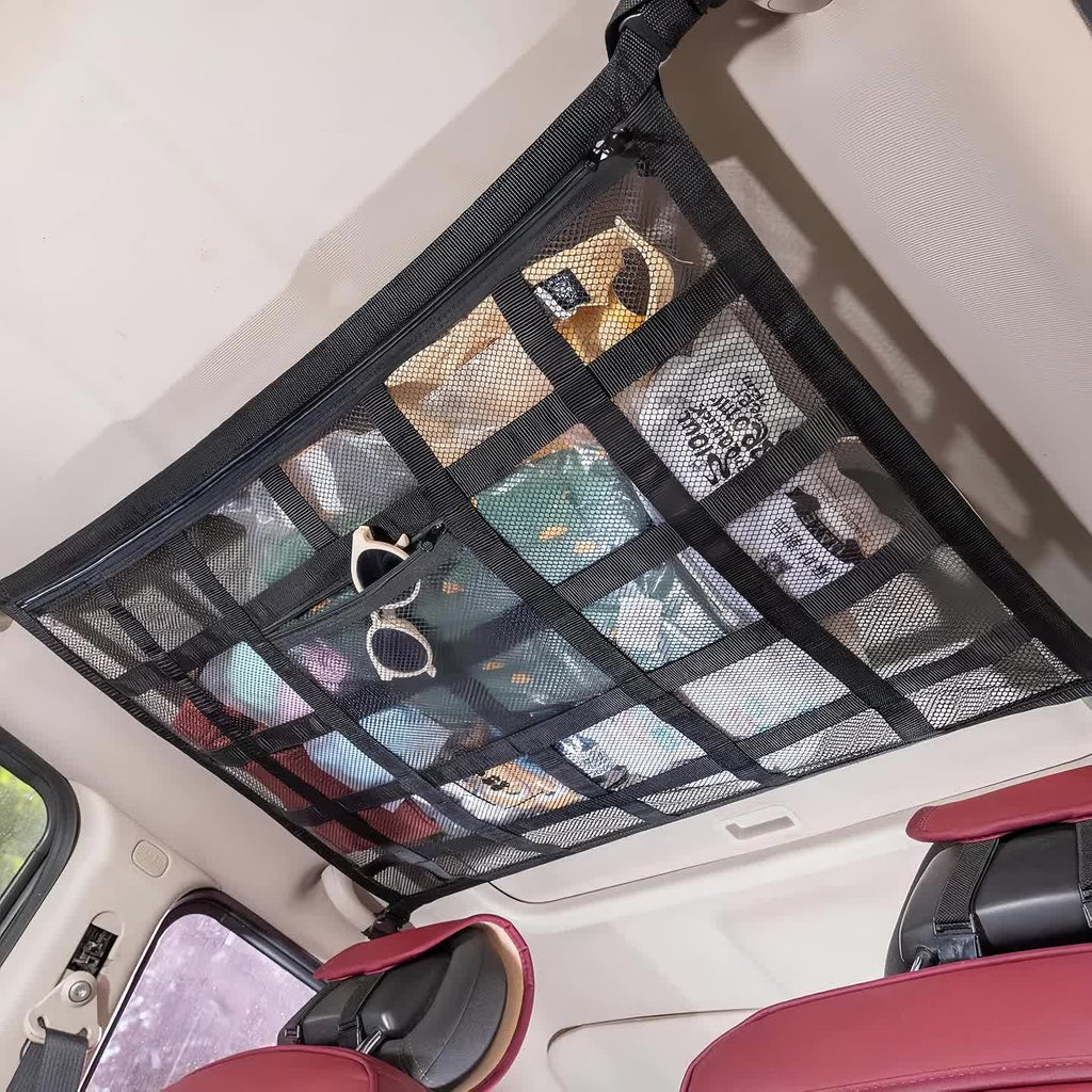 Upgrade Car Ceiling Cargo Net Pocket, 31.5"x21.6" Strengthen Load-Bearing and Droop Less Double-Layer Mesh Car Roof Storage Organizer,Truck SUV Travel Long Road Trip Camping Interior Accessories
