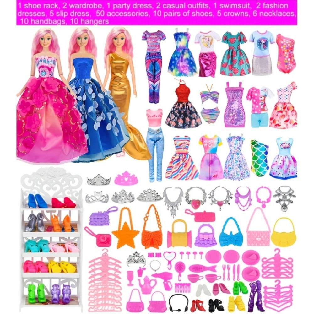 Doll Closet Playset 105 Piece Rose Wardrobe for 11.5 Inch Dolls – Wedding Gowns Fishtail Dress Swimsuit Shoes Handbags Crowns & Necklaces, Barbie-Size Fashion Gift for Girls Ages 6-12 No Doll