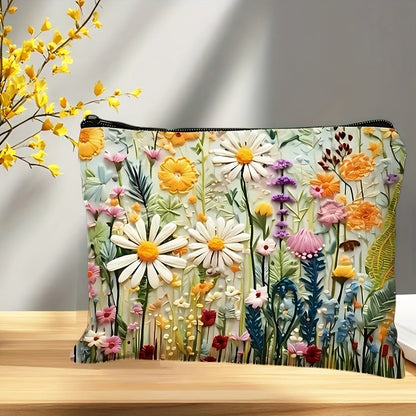 Daisy Floral Makeup Bag 4-Pack Set Foldable Zipper Travel Cosmetic Pouch Durable Toiletry Organizer Gift for Women Girls Sisters Girlfriends Birthday Christmas Holiday
