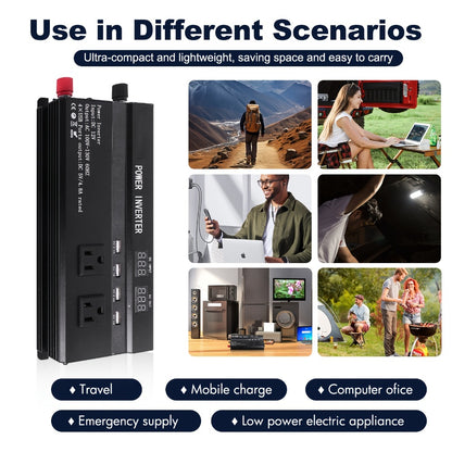6600W Peak Pure Sine Wave Power Inverter 12V/24V DC to 110V AC – LCD Display, 4 USB Ports, US Outlets, 95% Efficiency for Car, Truck, RV & Solar