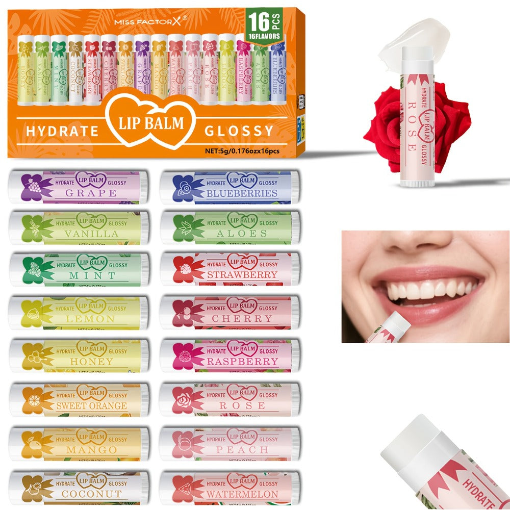 Flavored Lip Balm Set 16 Pack – Assorted Scented Moisturizing Lip Balms for Long-Lasting Hydration & Natural Shine | Bulk Lip Care Kit for Dry Lips | Gift Set for Women, Girls & Teens, All Skin Types