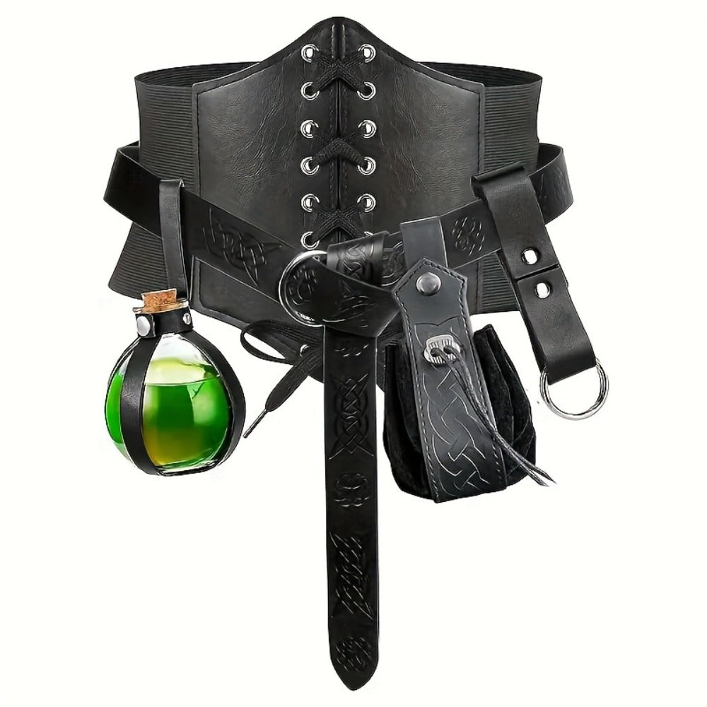 Renaissance Corset Set 5-Piece Ladies – Medieval Belt Pouch Potion Bottle Waist Protector, Women Halloween LARP Cosplay Renaissance Fair Outfit, Stage Prop & Photography Costume Gift
