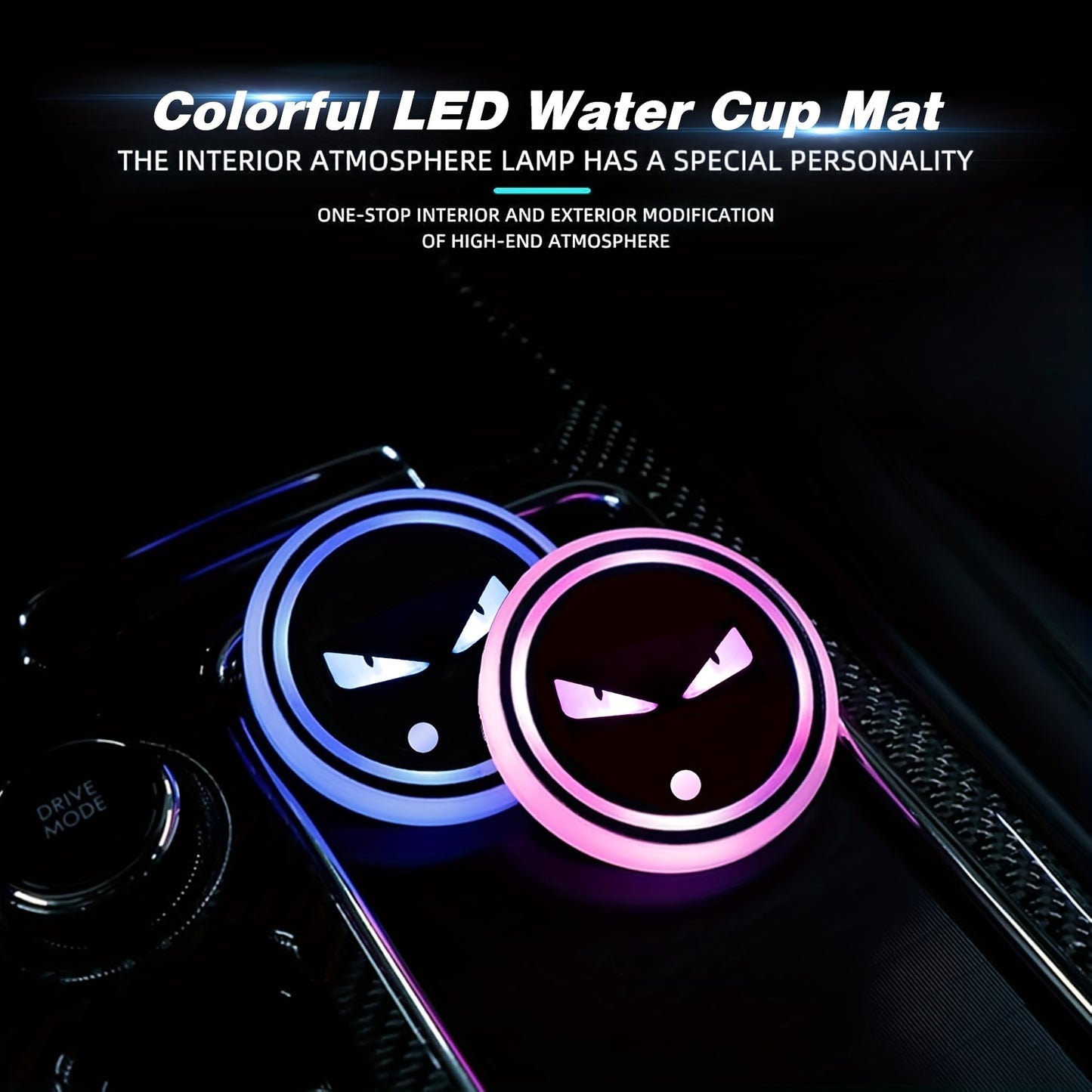 LED Neon Car Cup Holder Coasters – 7 Color USB Rechargeable Glowing Cup Mats, Ambient Light for Car Interior, Bar & Home Decor (Set of 2, Devil's Eye Design)