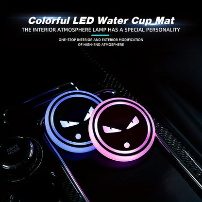 LED Neon Car Cup Holder Coasters – 7 Color USB Rechargeable Glowing Cup Mats, Ambient Light for Car Interior, Bar & Home Decor (Set of 2, Devil's Eye Design)