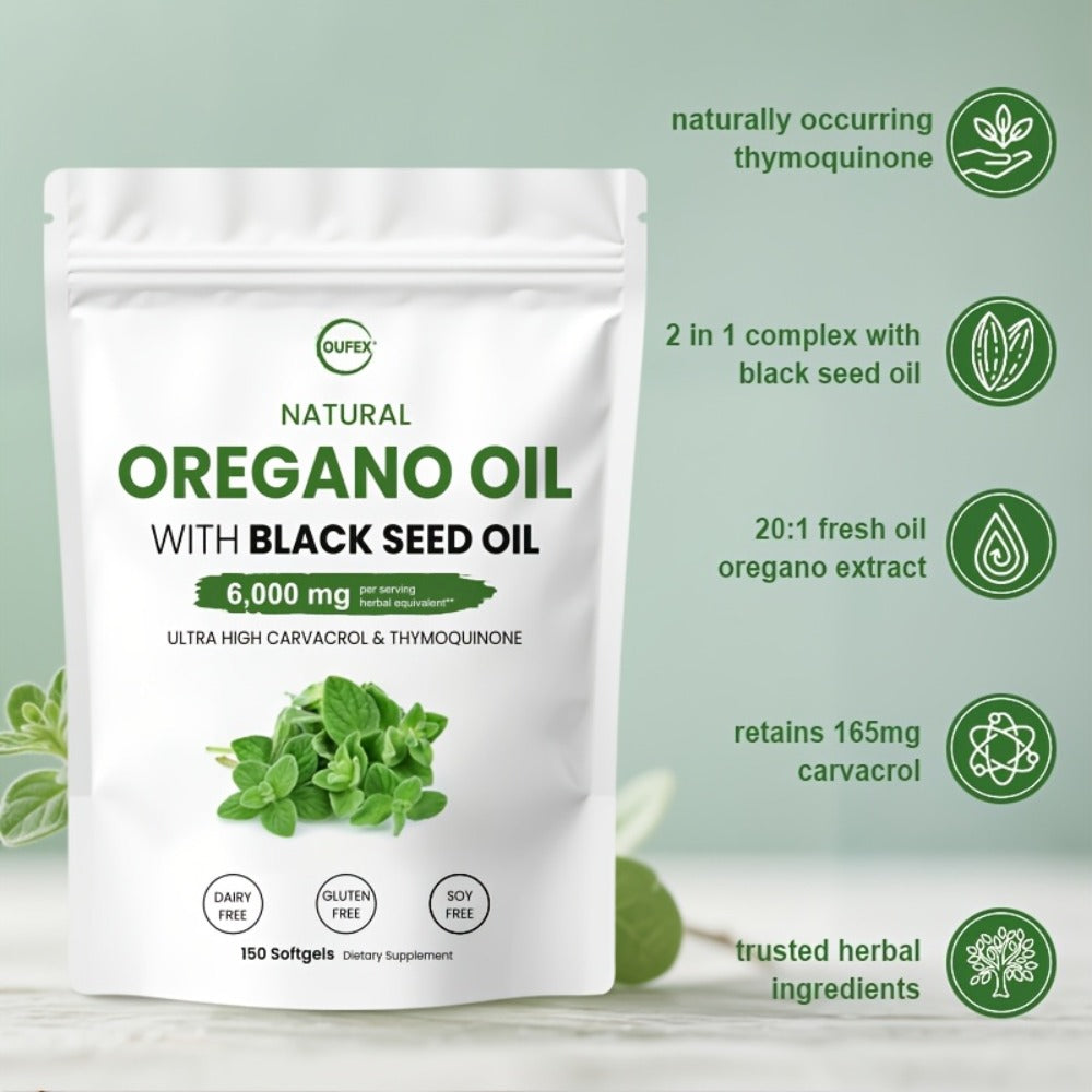 Oregano Oil Softgels with Black Seed Oil – High Carvacrol & Thymoquinone Formula | Plant-Based Immune Defense, Antioxidant & Seasonal Wellness Support Supplement for Men & Women | 150 Softgels