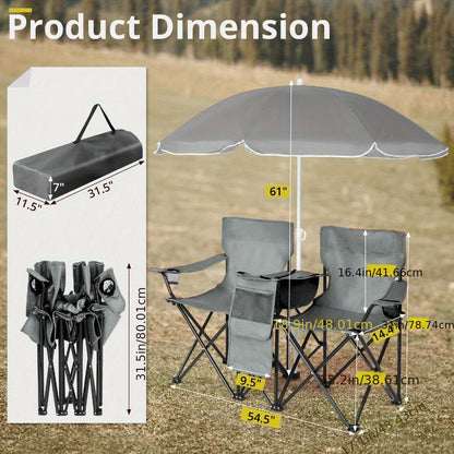 Folding Fishing Chair with Sun Umbrella – 2-Seat Portable Outdoor Chair, Iron Alloy Frame & Oxford Fabric, Built-In Storage Bag & Carry Bag, for Beach, Patio, Camping & Sunbathing, 4 Colors