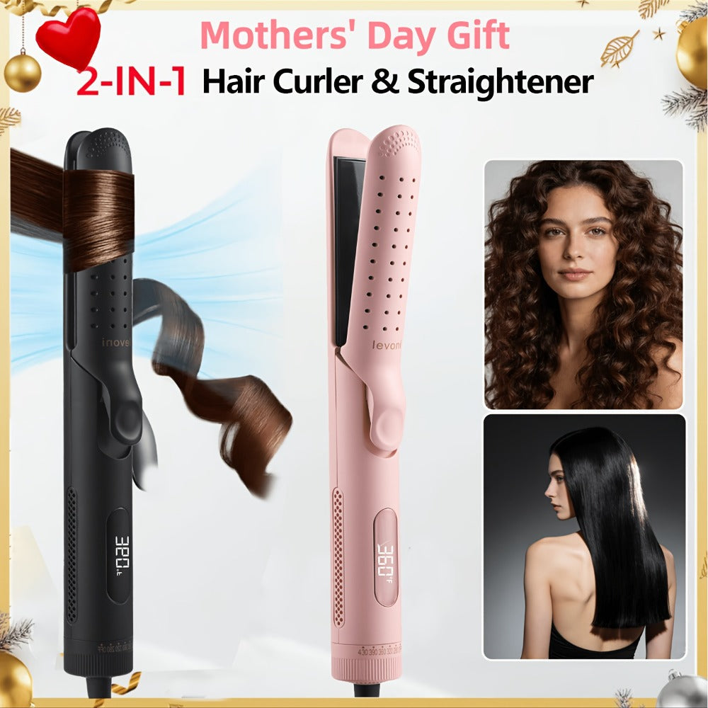 2-in-1 Curling Iron & Hair Straightener 360° Adjustable 5-Level Hot Cold Air Dual Voltage Fast Heat Salon Curler for Long Short Hair Women Black Pink