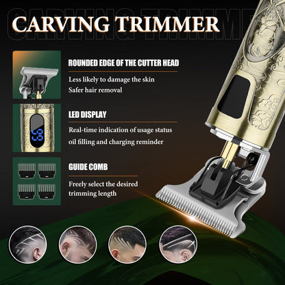 Electric Hair Clipper Set for Men - LQT USB Rechargeable 2000mAh with Engraving Scissors Metal Digital Display Cordless Barber Kit 2 3 4 Piece Home Salon Bronze Gift