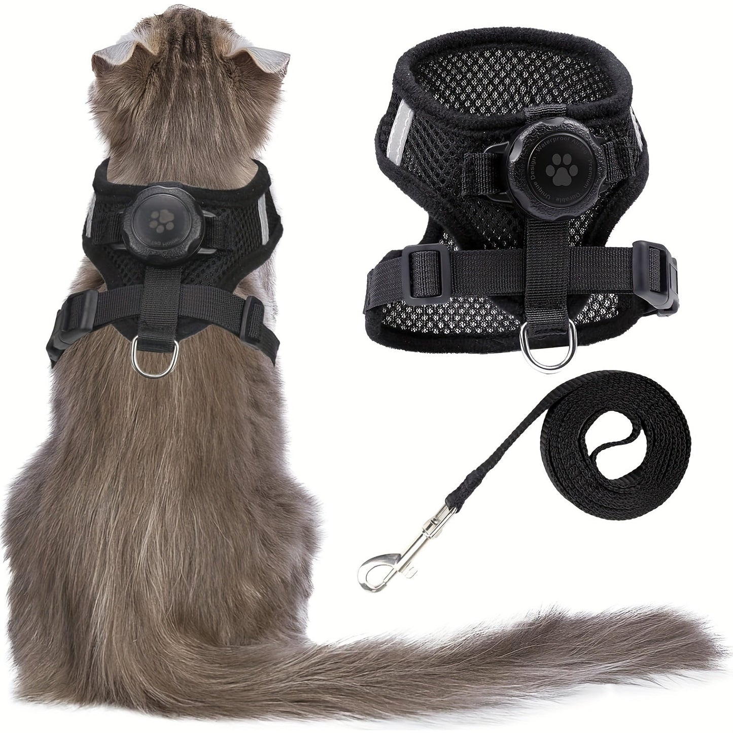 Escape-Proof Cat Harness and Leash with AirTag Holder – Adjustable Reflective Vest for Cats & Kittens Outdoor Walking S M L