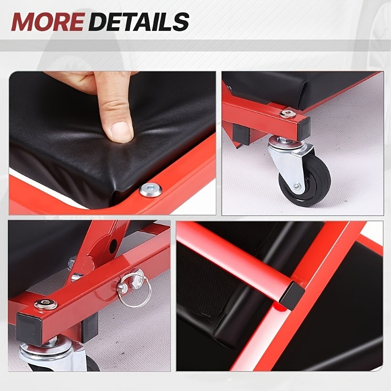 36" Heavy-Duty 3-In-1 Folding Crawler. Professional-Grade with Adjustable Z-Seat (Tilt/Recline). Features 6 Lockable Casters And A 350-650 Lb Capacity. The Essential Red/Black Tool for Multi-Purpose Automotive Repair