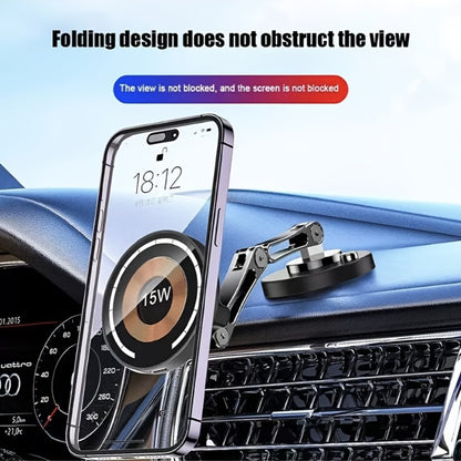 Magnetic Car Phone Mount 15W Wireless Charging – 360° Rotation, Foldable Stand, Super Magnetic Grip, Universal Fit for iPhone 12+ & Android Smartphones, No Battery Required