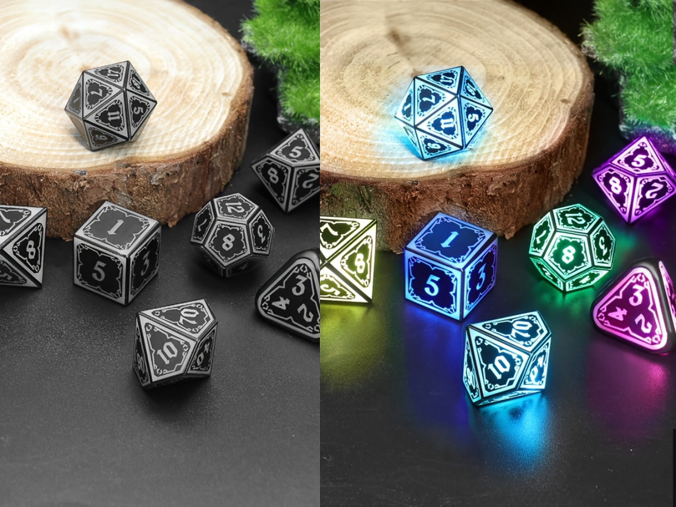 RGB LED DND Dice Set Rechargeable 7pcs – Illuminated Polyhedral Dice with Type-C Charging Case for D&D RPG Tabletop Games, Astral Shard Black, Glow in Dark Gift for Gamers