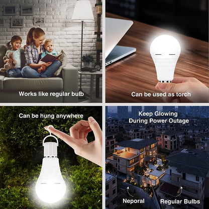 Rechargeable Emergency LED Light Bulb 12W 6500K 2000mAh with Polished Metal Finish – Spherical Design Half-Flip Installation Backup Battery Bulb for Camping Hiking Indoor Outdoor Power Outage, 4 Pack
