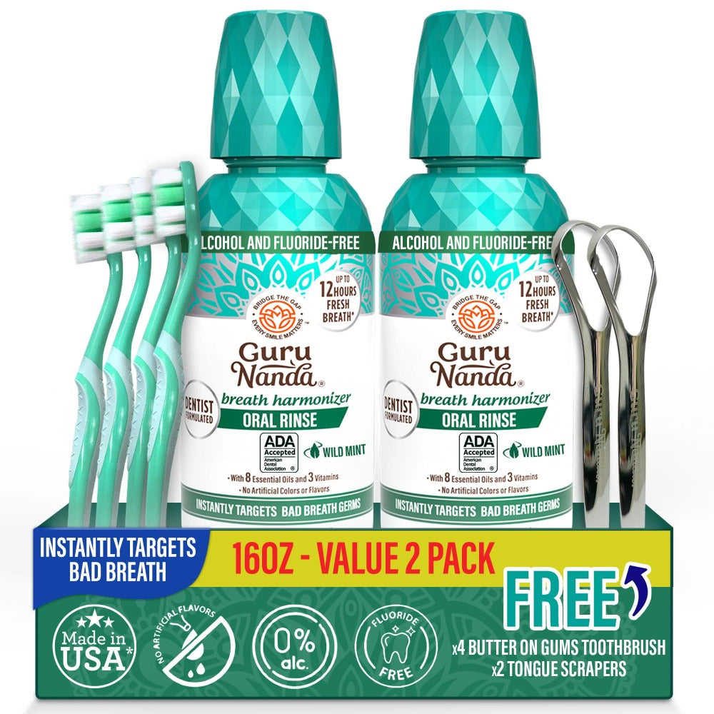 GuruNanda Alcohol Free Mouthwash 2 Pack 16 oz Each Fluoride Free Oral Rinse with 8 Essential Oils Sodium Chlorite Vitamins D3 E K2 ADA Accepted Wild Mint 24 Hour Fresh Breath for Adults