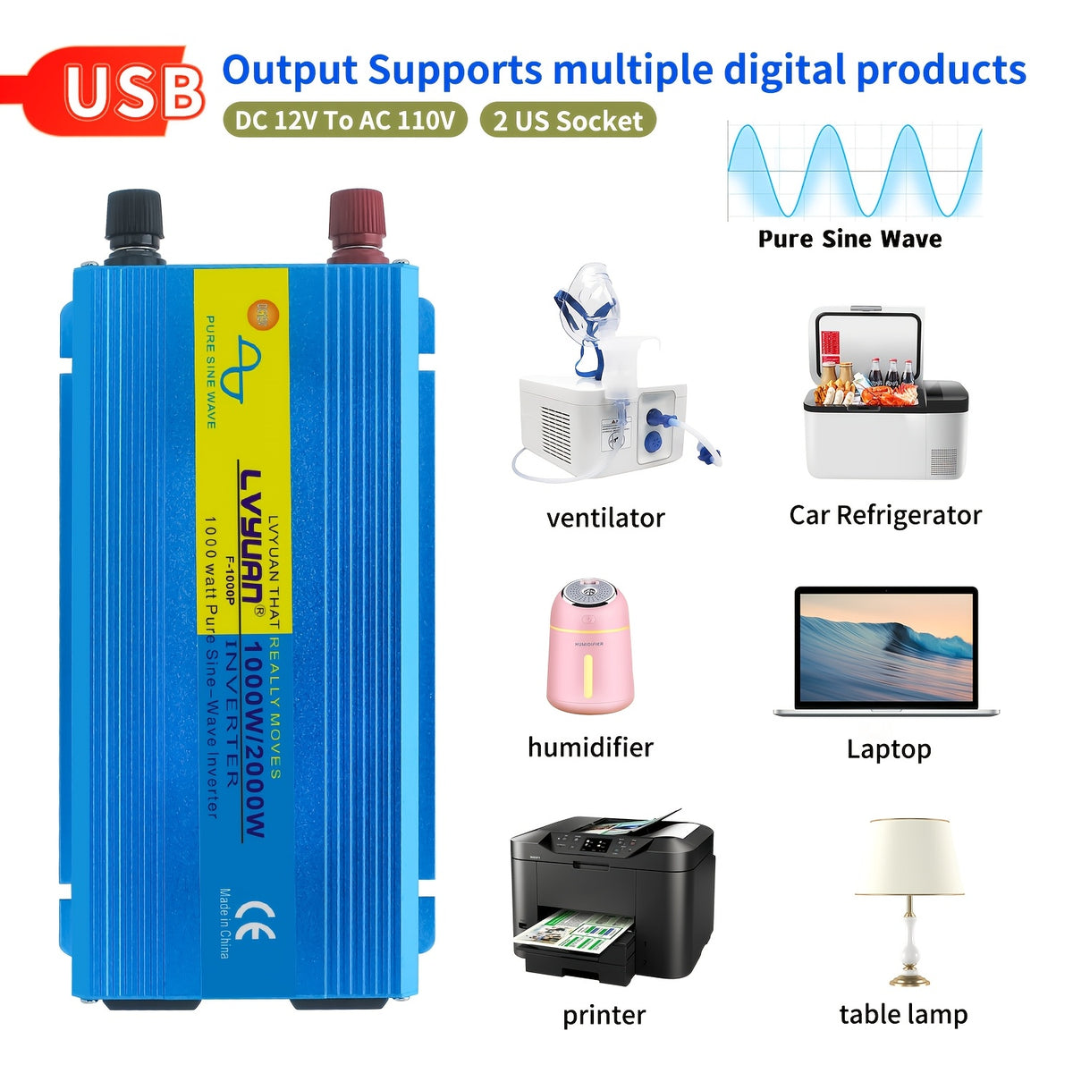 LVYUAN 6000W Pure Sine Wave Power Inverter, 1000W/2000W Pure Sine Wave Inverter, 12V to 110V AC Power Inverter with 2 US Sockets, Dual USB Ports (3.1A), for Car, Home, RV, Gift