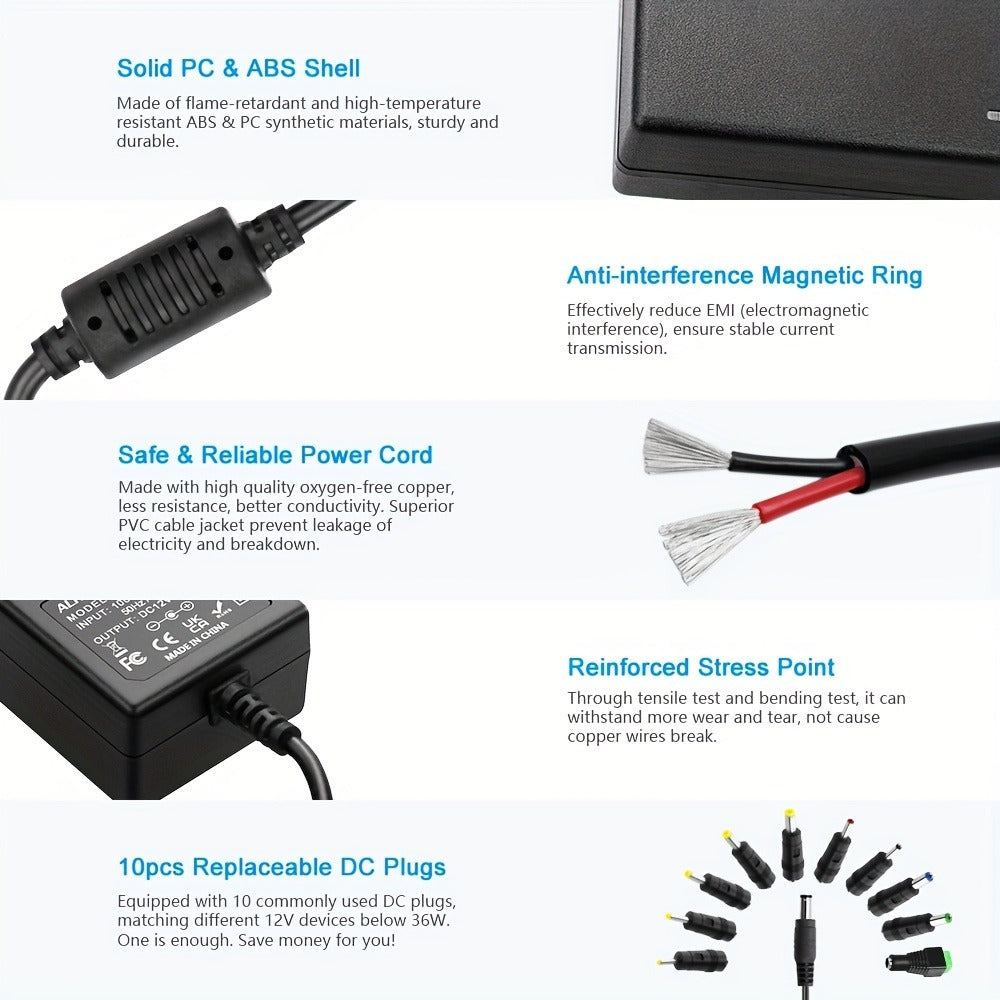 12V 3A DC Power Adapter 36W with 10 Interchangeable Tips - Universal AC 100-240V Input, Short Circuit & Overvoltage Protection, Stable Output for CCTV Camera, LED Strip, Router, TV Box & More