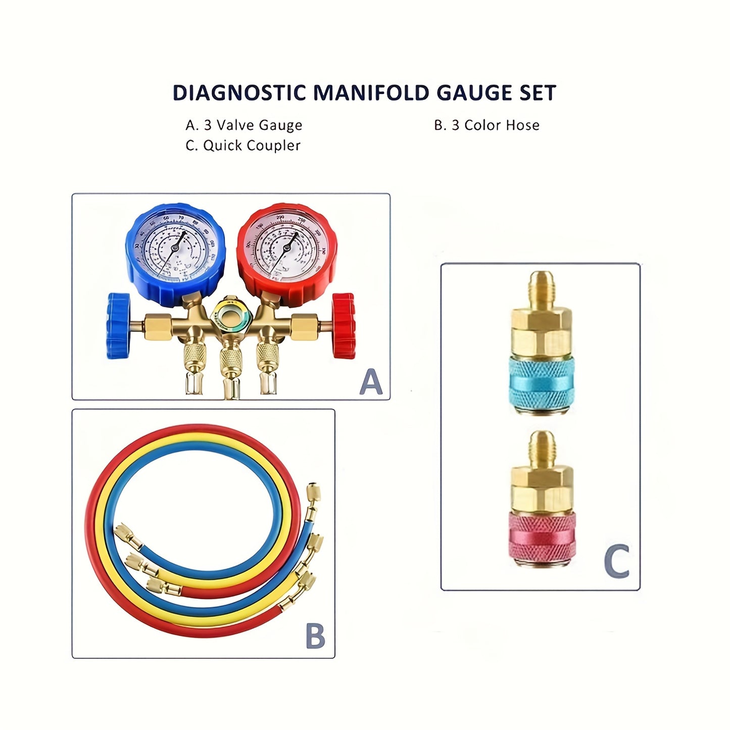 [AC Manifold Gauge Set] AC Manifold Gauge Set With Hoses And Adapters 3-Way A/C Gauges For R134A, R22, R12, R404A Refrigerants Charging And HVAC Diagnostics