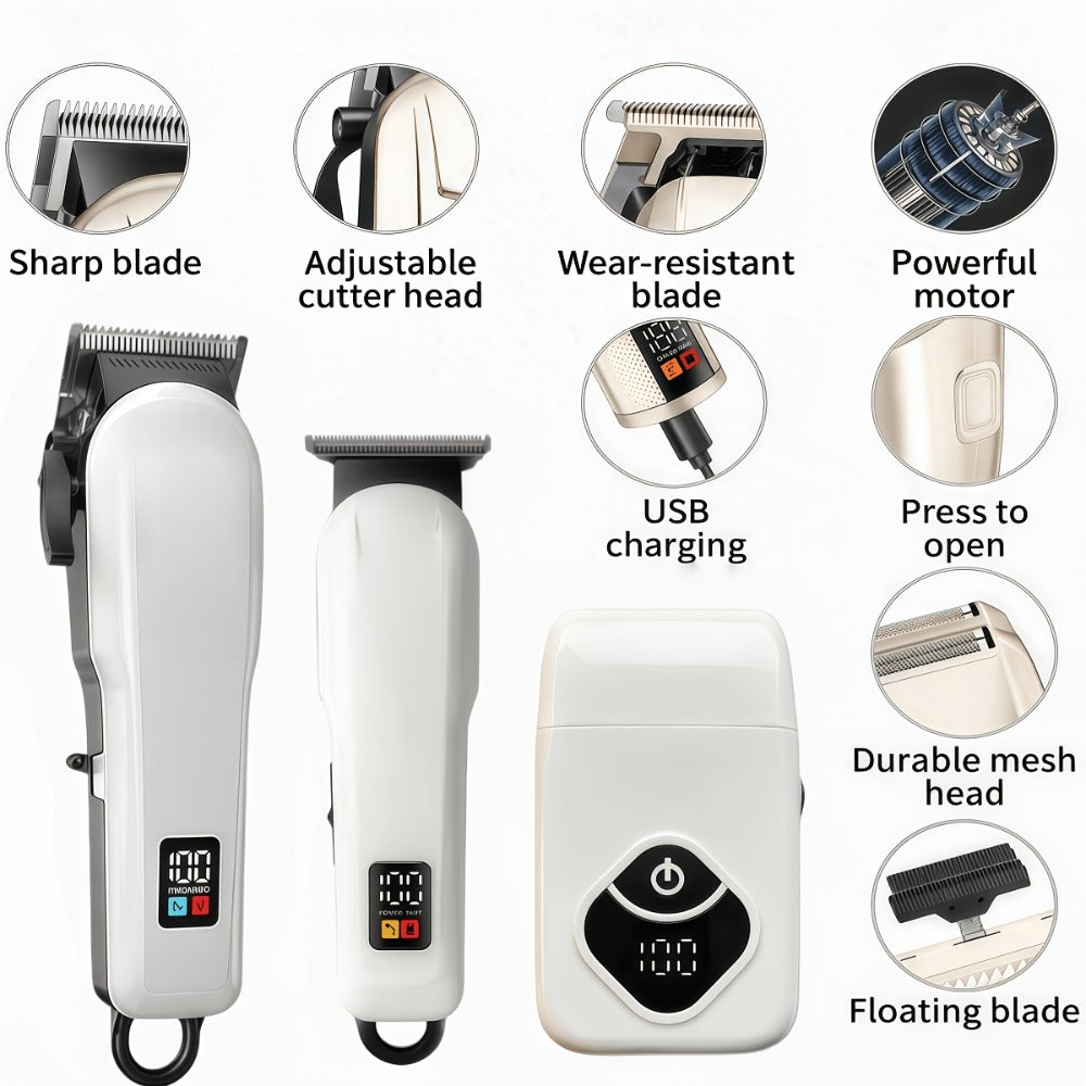 USB Rechargeable Hair Clipper for Men with LCD Display — Professional Large-Capacity Battery Clipper, Reinforced White Design, Home Salon & Travel Essential, Gift for Dad & Son