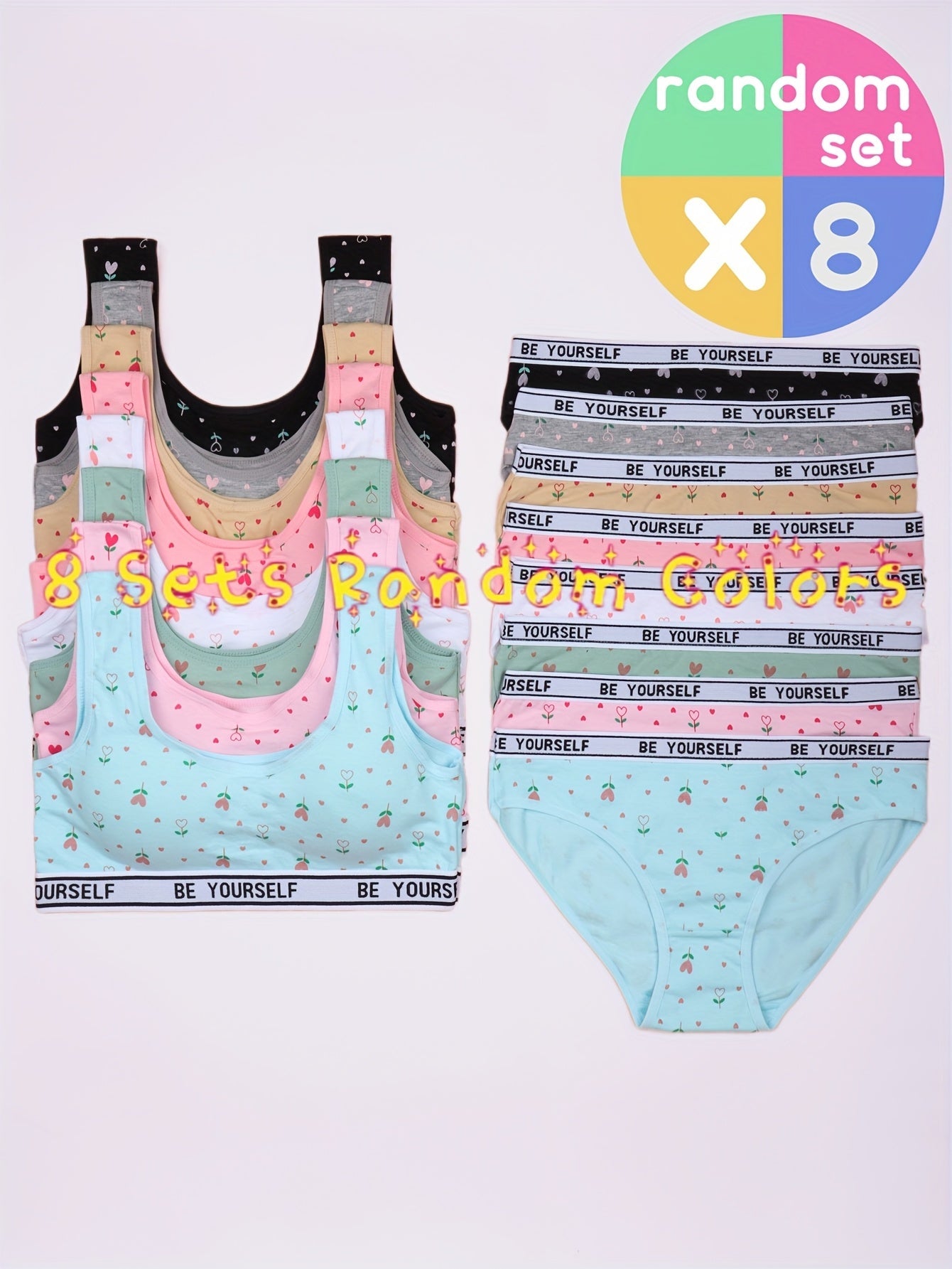 8-Pack Girls' Training Bra and Panty Set - Breathable Everyday Comfort