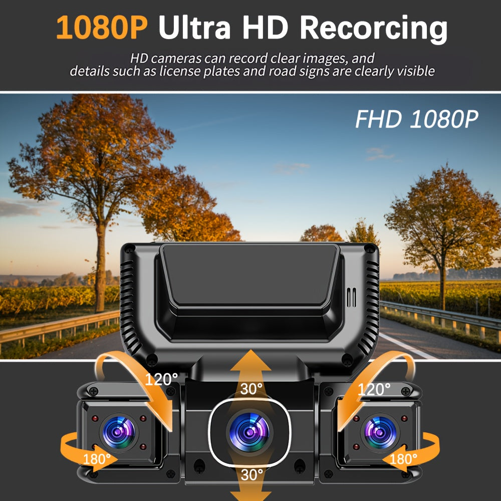 360° 3/4 Lens Dash Cam USA, 4 Channel Front/Rear/Left/Right Recording, Night Vision, 3.16" IPS Screen with Wifi, G-Sensor, Parking Mode, 32GB Card Optional/No Card