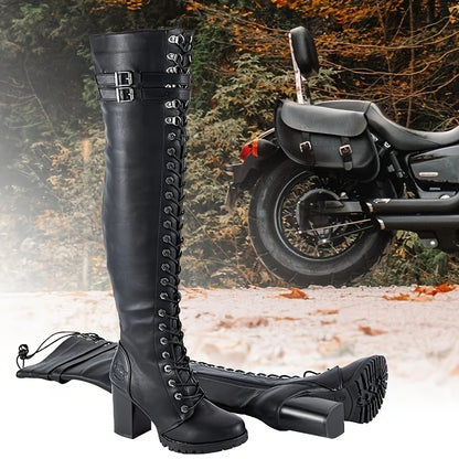 Women'S Faux Leather Over The Knee Thigh High Boots, Black Lace Up Knee High Boots with Chunky Heel, Sexy Biker Boots with Buckle