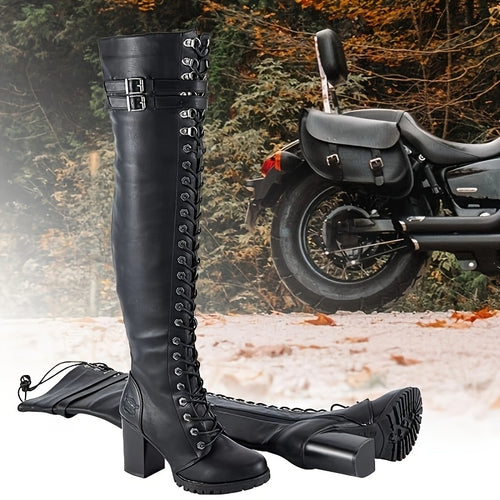 Women'S Faux Leather Over The Knee Thigh High Boots, Black Lace Up Knee High Boots with Chunky Heel, Sexy Biker Boots with Buckle