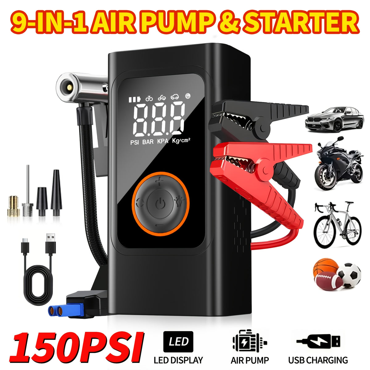Tire Inflator Portable Air Compressor, 150PSI Car Tire Air Pump With Tire Pressure Gauge, LED, 3X Fast One-Button Smart Cordless Tire Air Pump For Cars, Motorcycles, Bicycles, Balls, Etc.