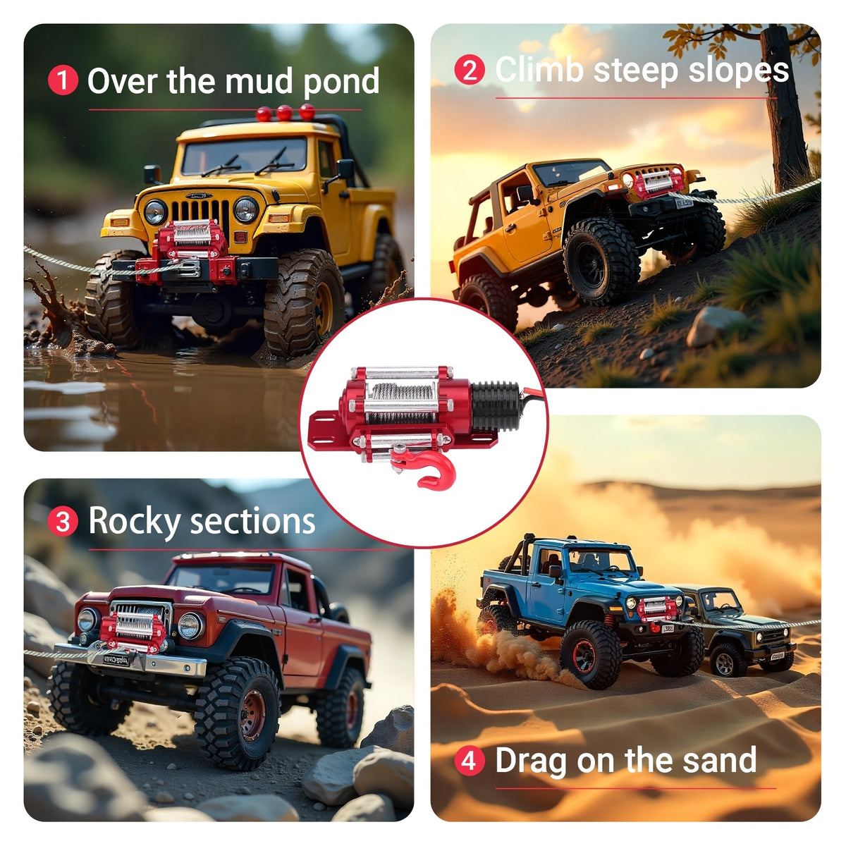 1/10 Car Winch for RC Cars, Wired Steel Winch for RC Cars, Compatible with 1/10 Scale Tracked Vehicles, Suitable for Traxxas/Hsp/Redcat/Tamiya/Axial/Scx10/D90/Hpi 1/10 for rc Crawler Car, Off-Road Recovery Accessory