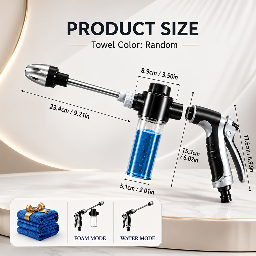 2pcs Upgraded Car Wash Sprayer Set | Long Rod Water Gun with Wash Towel, 360° Adjustable Nozzle, Removable Foam Bottle, Easy Setup, No Hose Included, for Car, Motorcycle, Garden & Yard Cleaning
