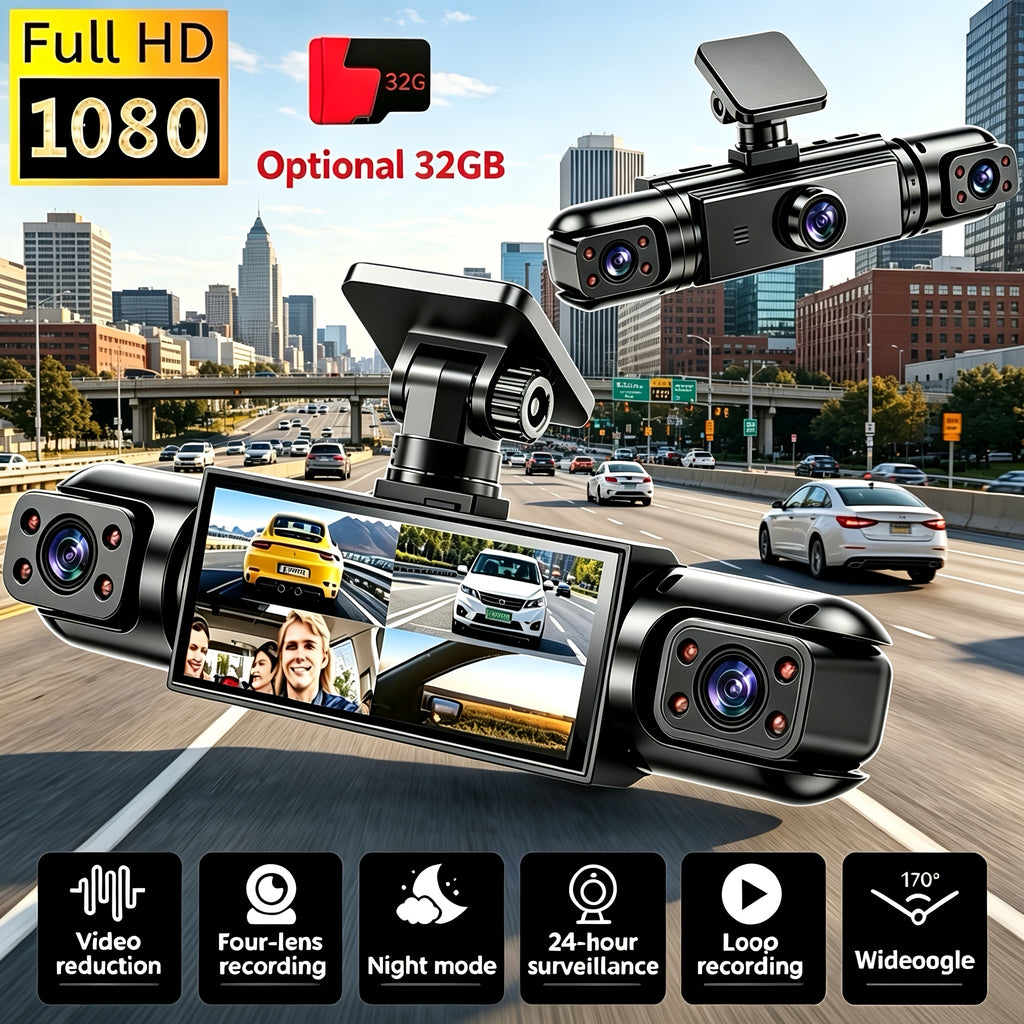 HOEMYER 360° Panoramic 3/4 Lens Channel 1080P HD Ultimate Dash Cam Kit, 1080P Front And 720P Front-Rear-Left-Right Full Coverage, Quad-View Display, HD Night Vision, WDR, G-Sensor