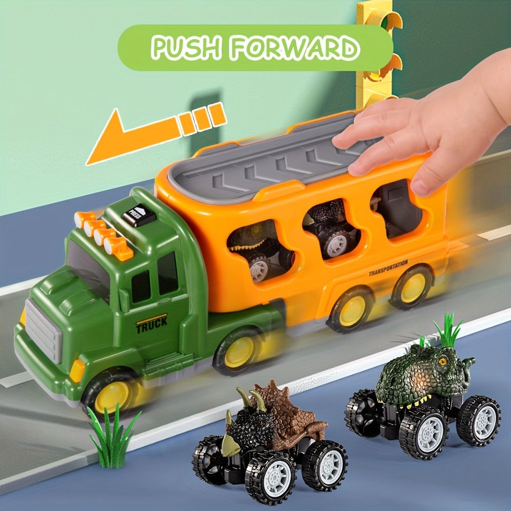 Push-Action Dinosaur Truck Toy 7-in-1 for Kids Ages 3-5 with 3 Dino Figures & 3 Mini Cars – Friction Vehicle LED Lights & Roaring Sound Effects Monster Dino Car Birthday Christmas Gift Boys