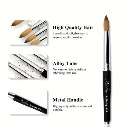 100% Pure Kolinsky Round Head Acrylic Nail Art Brush Black Metal Handle Size 12 14 16 18 – Professional Nail Extension & Acrylic Powder Application Brush