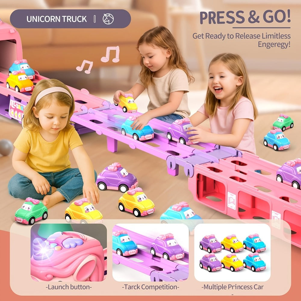 Pink Unicorn Monster Truck Track Set with 8 Princess Cars, Lights & Sounds – Friction Power 2-Player Fold-Out Track Toy for Girls Boys Ages 3+, Birthday Holiday Gift