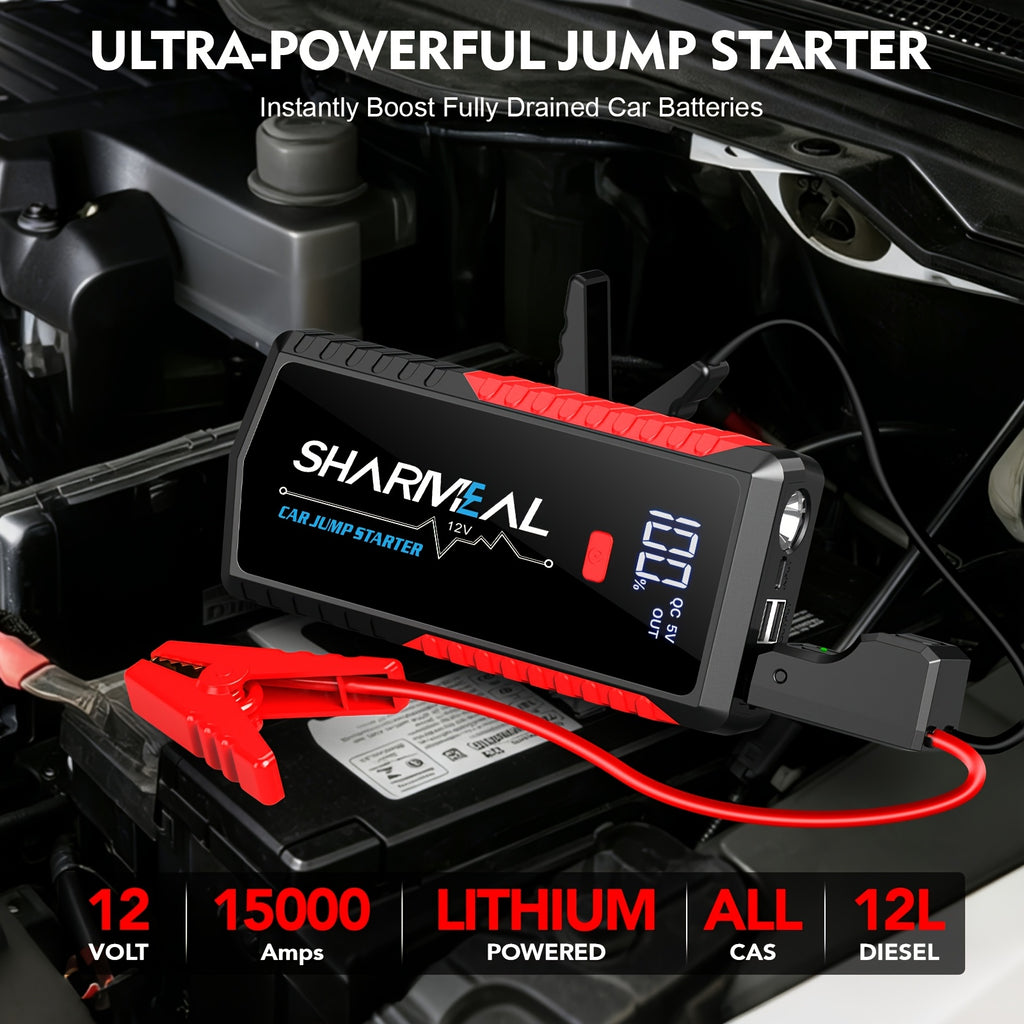 SHARMEAL 9-In-1 Portable Car Battery Jump Starter And Window Breaker Hammer with Built-In 3-Mode LED Flashlight And Heavy-Duty Jumper Cables, Ideal for Cars, Suvs, Trucks, Rvs