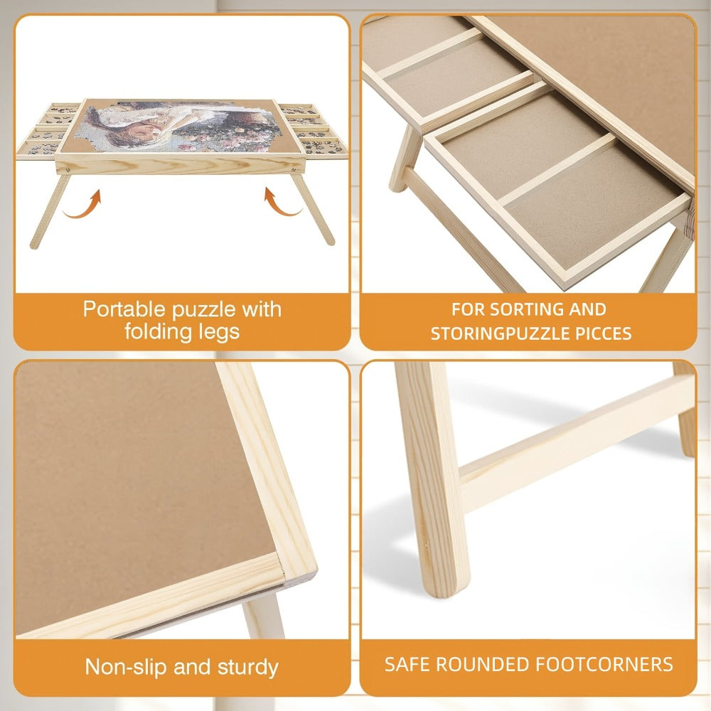 Jigsaw Puzzle Table with Folding Legs – 4 Drawers 16 Sorting Grids Portable Wooden Puzzle Board for 1000 Pieces, Storage Organizer Gift for Adults Seniors Family Game Night Home Office