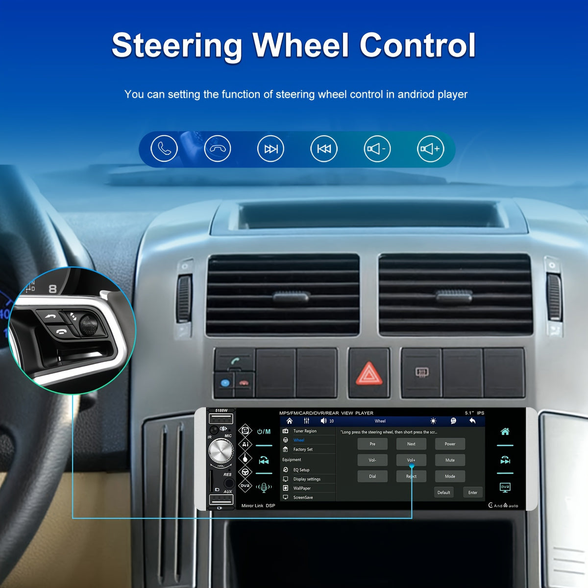 5.1 Inch Wireless Carplayer Car Stereo Single Din Touch Screen Car Radio with Wireless, Wireless Android Auto Mirror Link AM FM EQ SWC, Car Audio Receiver with USB/TF/AUX-in, Mic, Backup Cam