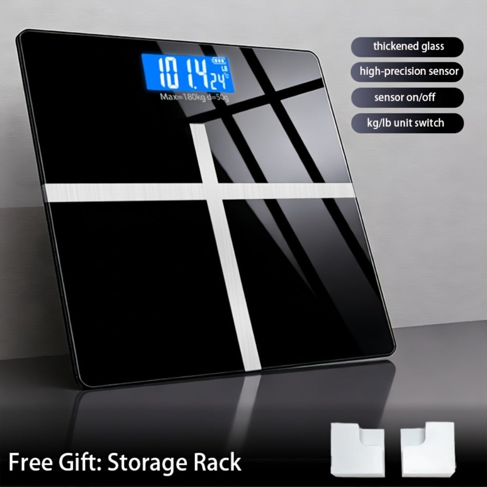 Digital Bathroom Scale with LCD Temperature Display – 396 lb High-Precision Weight Scale, KG/Pounds Switchable, Wide Non-Slip Platform, Available with HD LED Upgrade, Waist Strap & Storage Rack