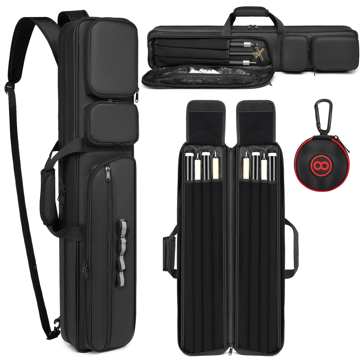 Pool Cue Case 4x4 with Hidden Backpack Strap | Billiard Cue Bag Holds 4 Butts & 4 Shafts | Hard Shell Pool Stick Carrying Case with Large Front Accessory Pockets | Black