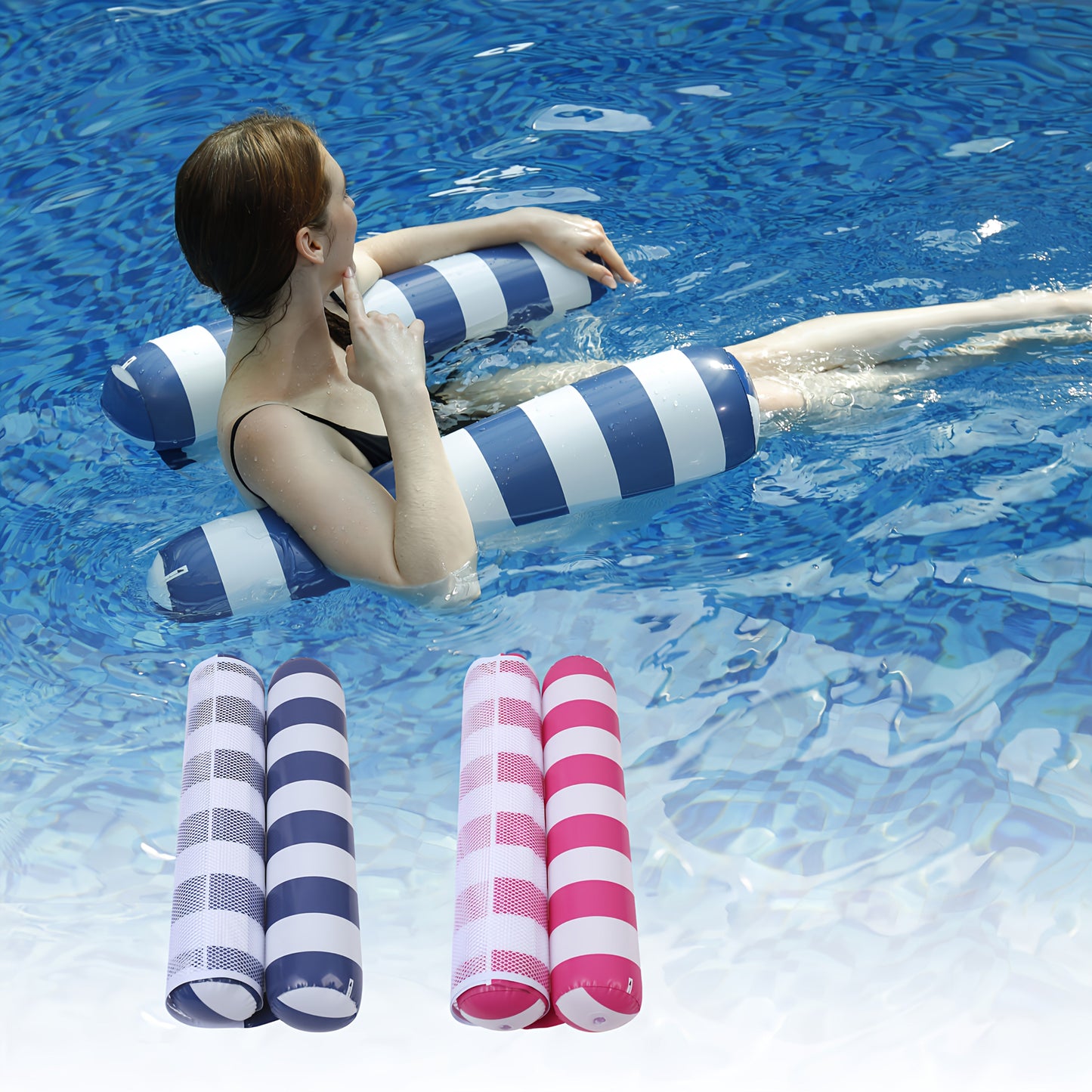 4-in-1 Inflatable Pool Float Hammock 2-Pack for Adults – Floating Bed, Lounge Chair, Drifter & Saddle, Striped Water Hammock for Swimming Pool Lake Beach River, Blue Dark Blue Rose Red