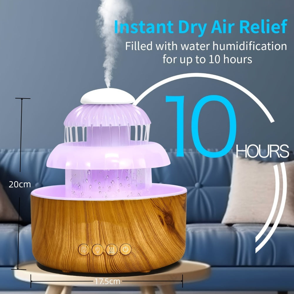 Cool Mist Humidifier with Raining Sound & 8-Color Night Light – 10-Hour Runtime, Essential Oil Diffuser, Air Humidifier for Bedroom, Home & Office, White Noise Sleep Aid, Ambient Mood Light, White