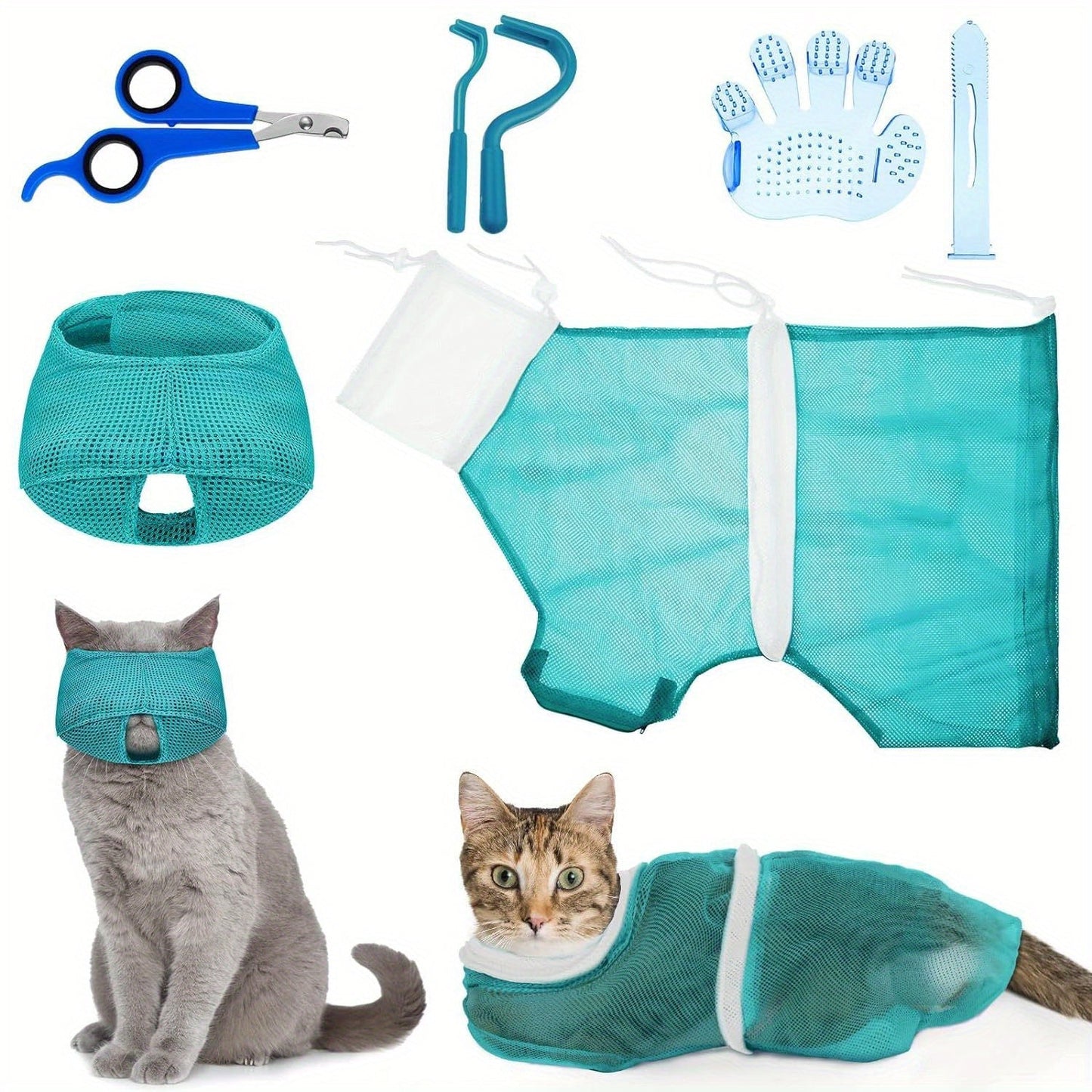 Cat Grooming Kit 5-Piece Set – Adjustable Bathing Bag, Nail Clippers, Flea Comb, Massage Brush & Grooming Net | Complete Cat Care Tools for All Breeds & Ages | Ideal Gift for Cat Owners