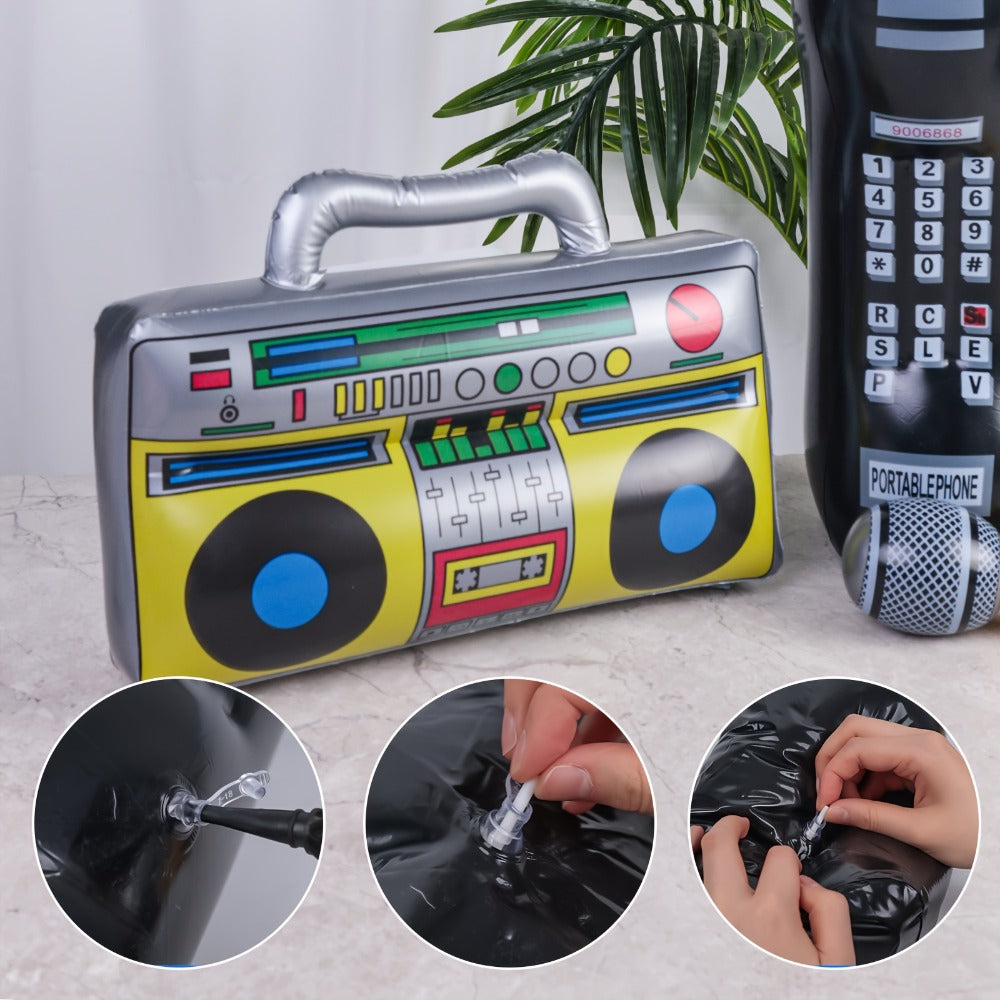 Inflatable Party Props 3 Pcs Blow Up Boombox Microphone & Retro Phone – 80s Hip Hop Theme Birthday Decorations for Graduation, Back to School, School Dance, DJ & Music Themed Party Supplies